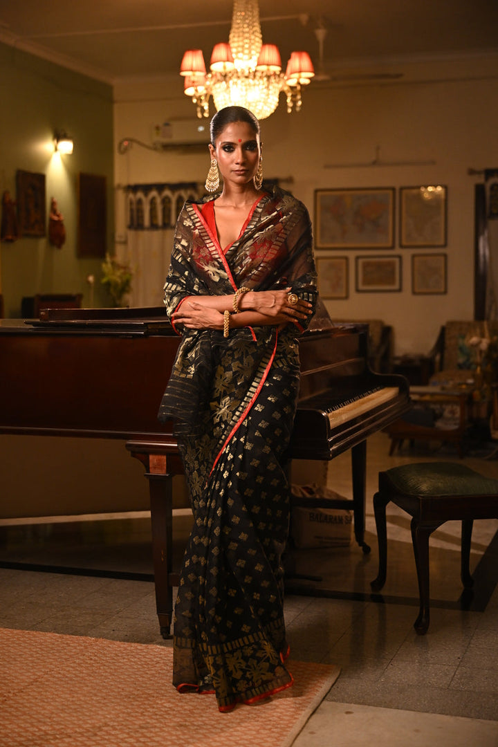 Black & Gold Dhakai Jamdani Saree with Zari Motifs & Sindoor Red Selvedge Balaram Saha