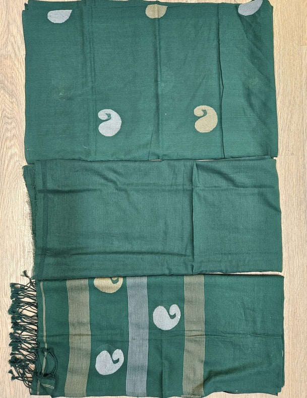 Dark Green Premium Handspun Cotton Handwoven 3piece Jamdani Unstitch Sets Balaram Saha