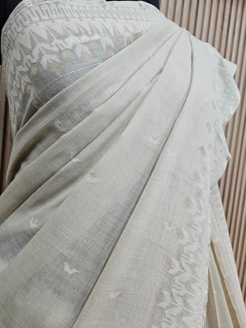 (dusty green) Experience the Elegance of Tradition Handspun Handwoven Cotton Jamdani Saree Balaram Saha