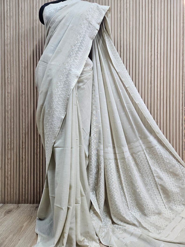 (dusty green) Experience the Elegance of Tradition Handspun Handwoven Cotton Jamdani Saree Balaram Saha