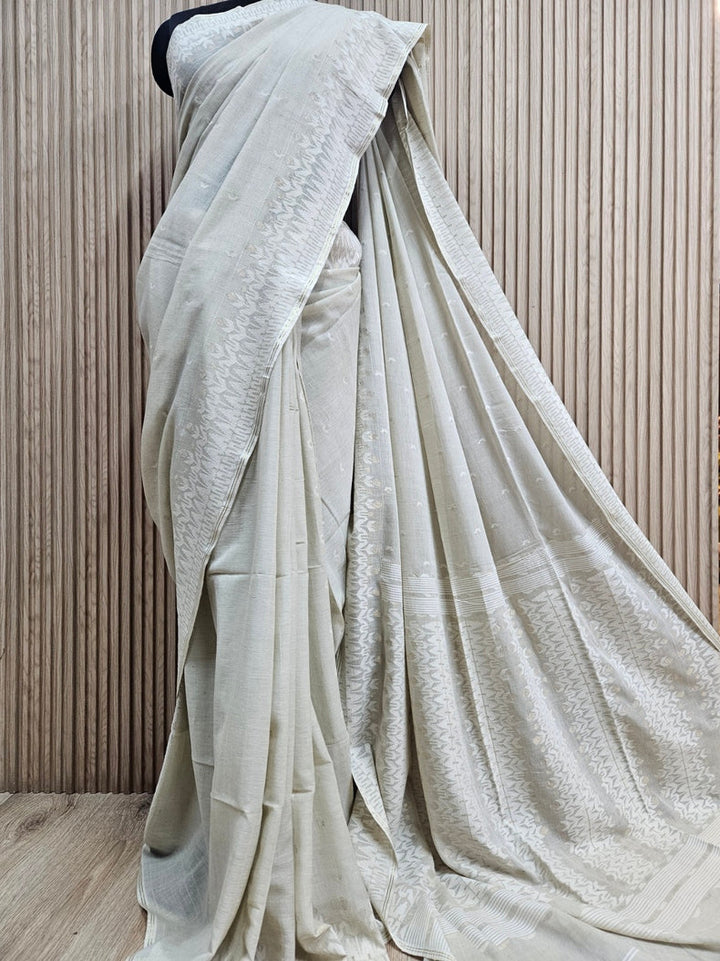 (dusty green) Experience the Elegance of Tradition Handspun Handwoven Cotton Jamdani Saree Balaram Saha