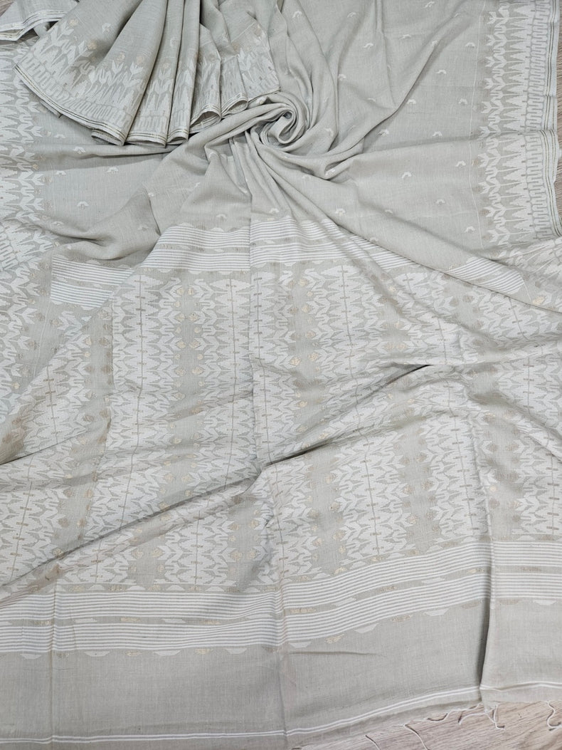 (dusty green) Experience the Elegance of Tradition Handspun Handwoven Cotton Jamdani Saree Balaram Saha