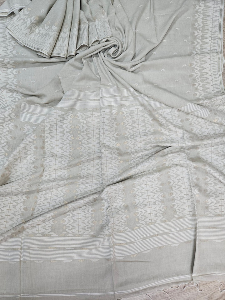 (dusty green) Experience the Elegance of Tradition Handspun Handwoven Cotton Jamdani Saree Balaram Saha