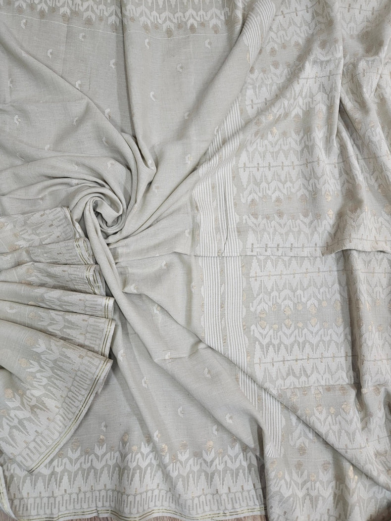 (dusty green) Experience the Elegance of Tradition Handspun Handwoven Cotton Jamdani Saree Balaram Saha