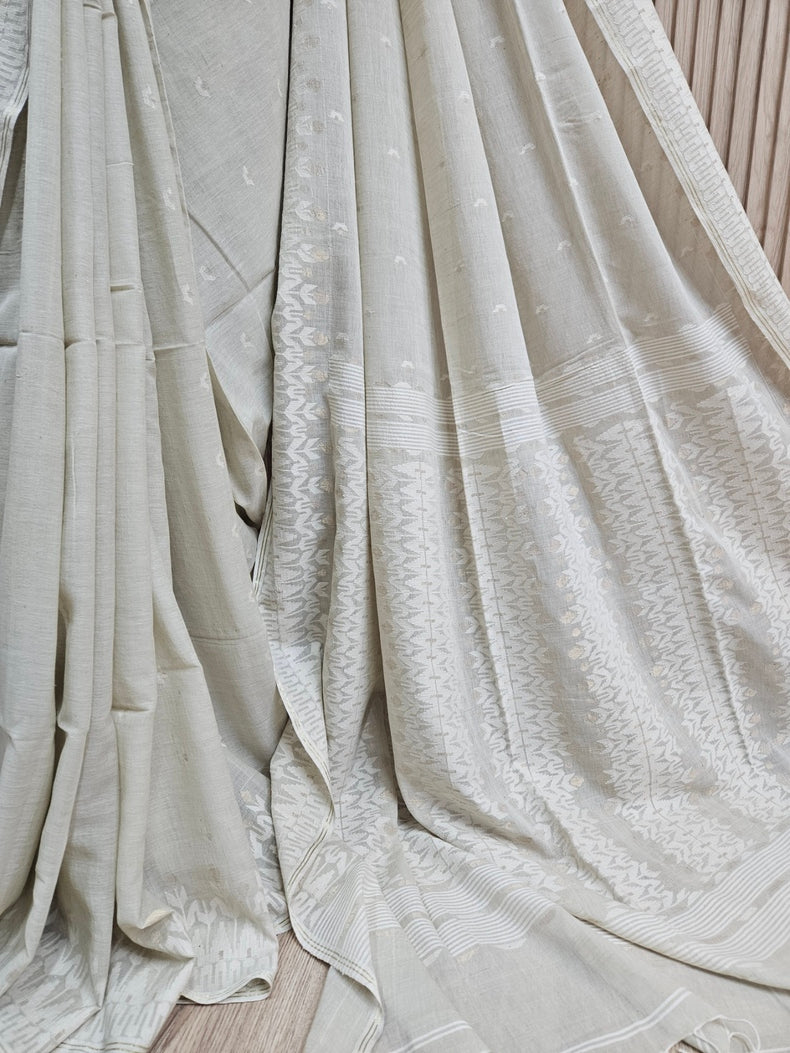 (dusty green) Experience the Elegance of Tradition Handspun Handwoven Cotton Jamdani Saree Balaram Saha