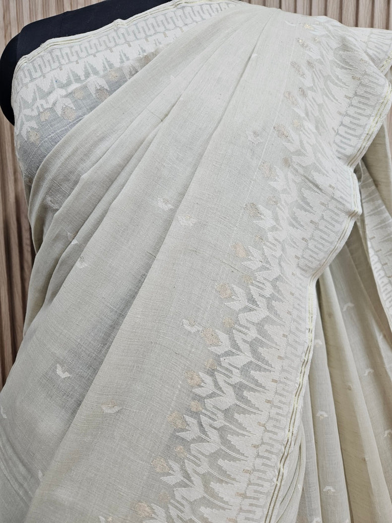 (dusty green) Experience the Elegance of Tradition Handspun Handwoven Cotton Jamdani Saree Balaram Saha