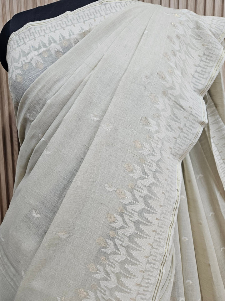 (dusty green) Experience the Elegance of Tradition Handspun Handwoven Cotton Jamdani Saree Balaram Saha