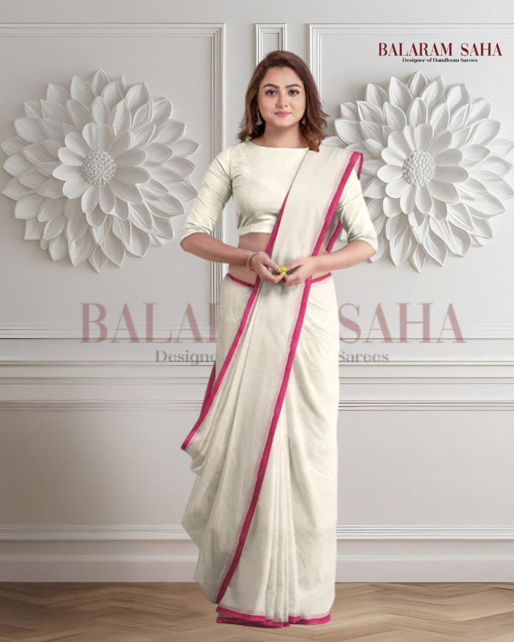 White & Purple Soft Handloom Mull Cotton Saree Balaram Saha