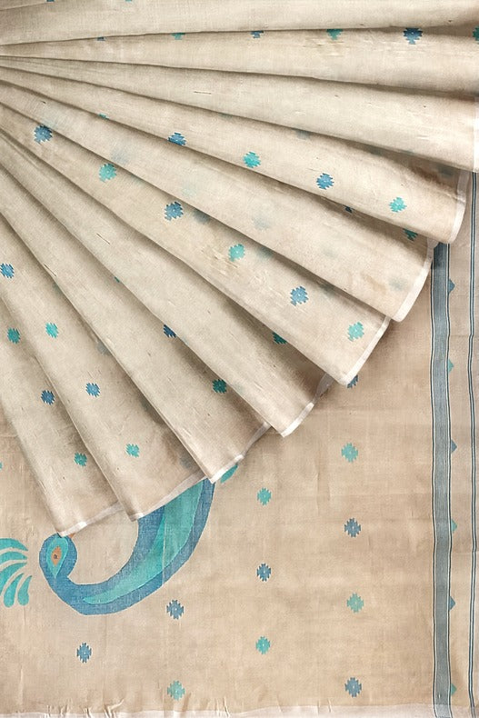 Elevate Your Wardrobe: Handwoven Cotton/Tussar Silk Jamdani by Balaram Saha- (handloom saree, silk saree, handloom silk saree, balaram saha online, silk sarees, silk handloom saree, bengal handloom sarees, pure silk, silk saree online, tussar silk saree, tussar silk)