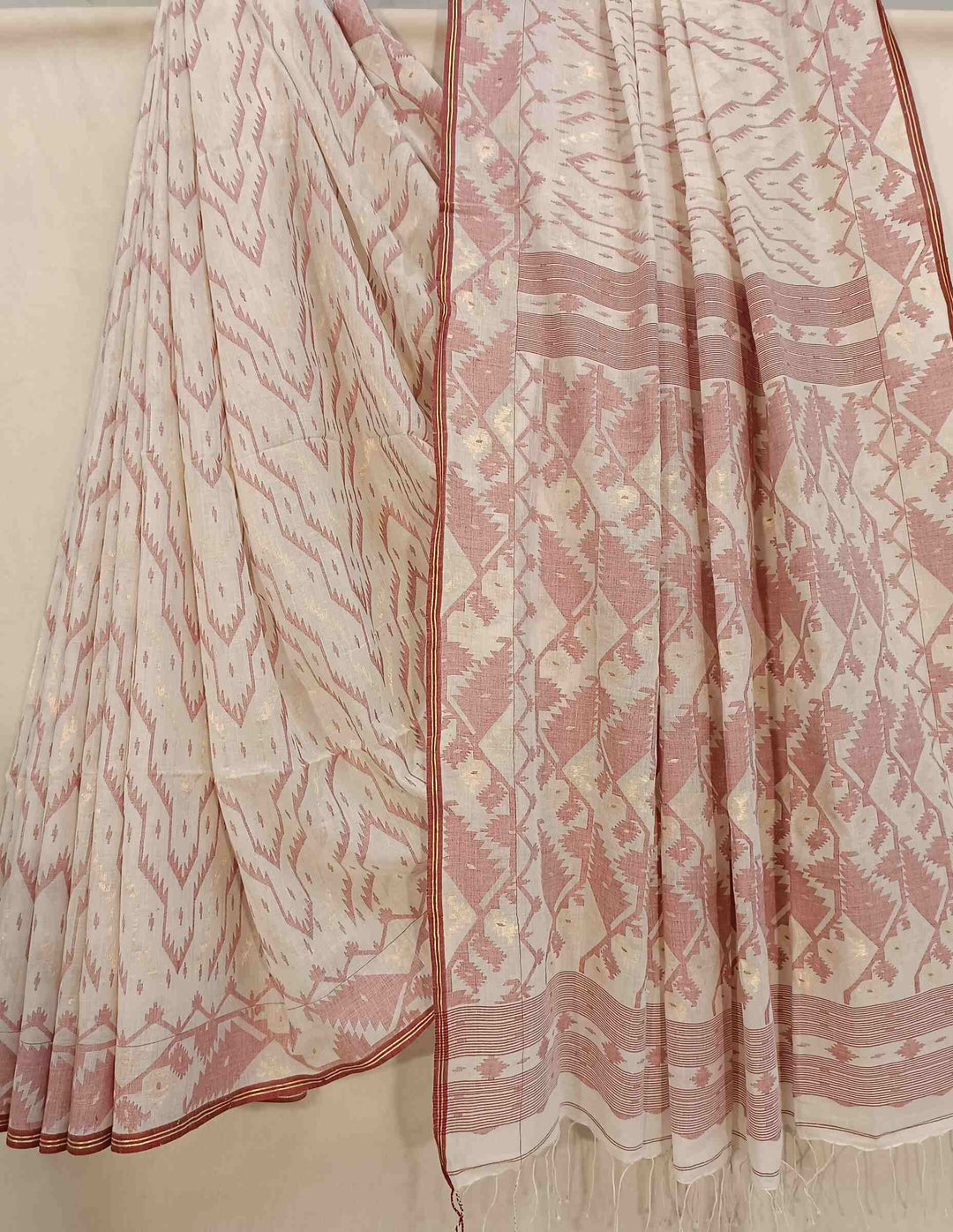 Off-White and Maroon Handspun Handwoven Soft Cotton Jamdani Sarees Balaram Saha