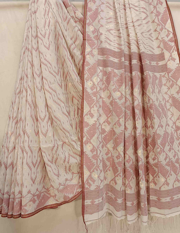 Off-White and Maroon Handspun Handwoven Soft Cotton Jamdani Sarees Balaram Saha