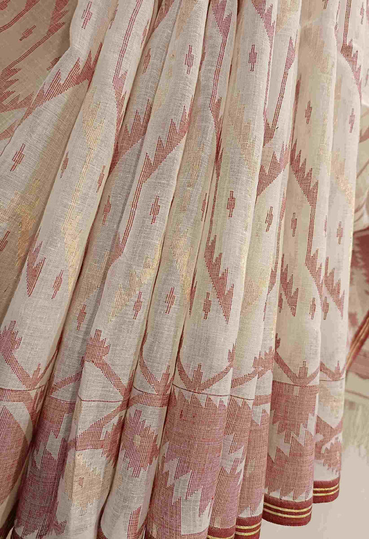 Off-White and Maroon Handspun Handwoven Soft Cotton Jamdani Sarees Balaram Saha