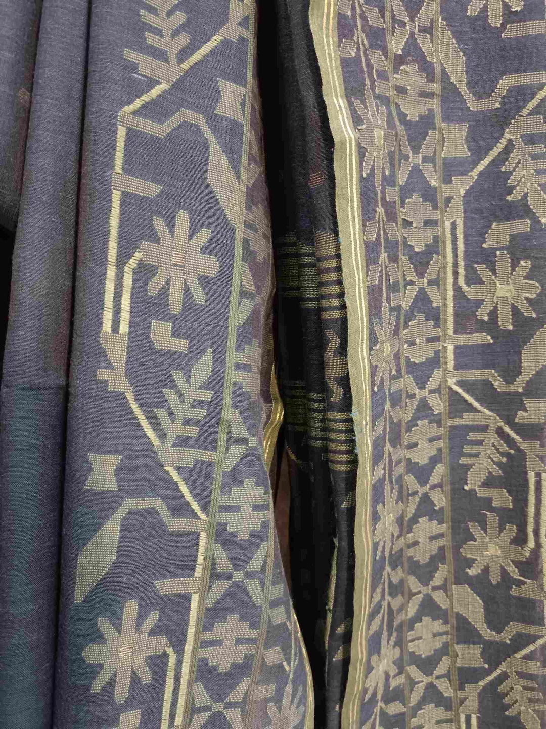 Exclusive Blue & Green Handspun Handwoven Soft Cotton Jamdani Saree Balaram Saha