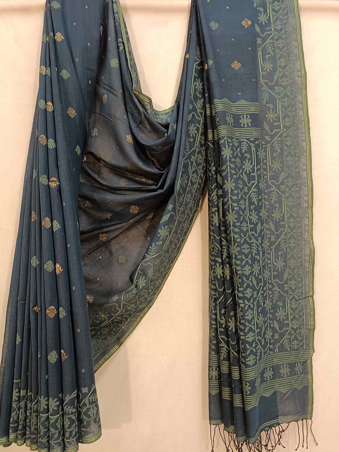 Exclusive Blue & Green Handspun Handwoven Soft Cotton Jamdani Saree Balaram Saha