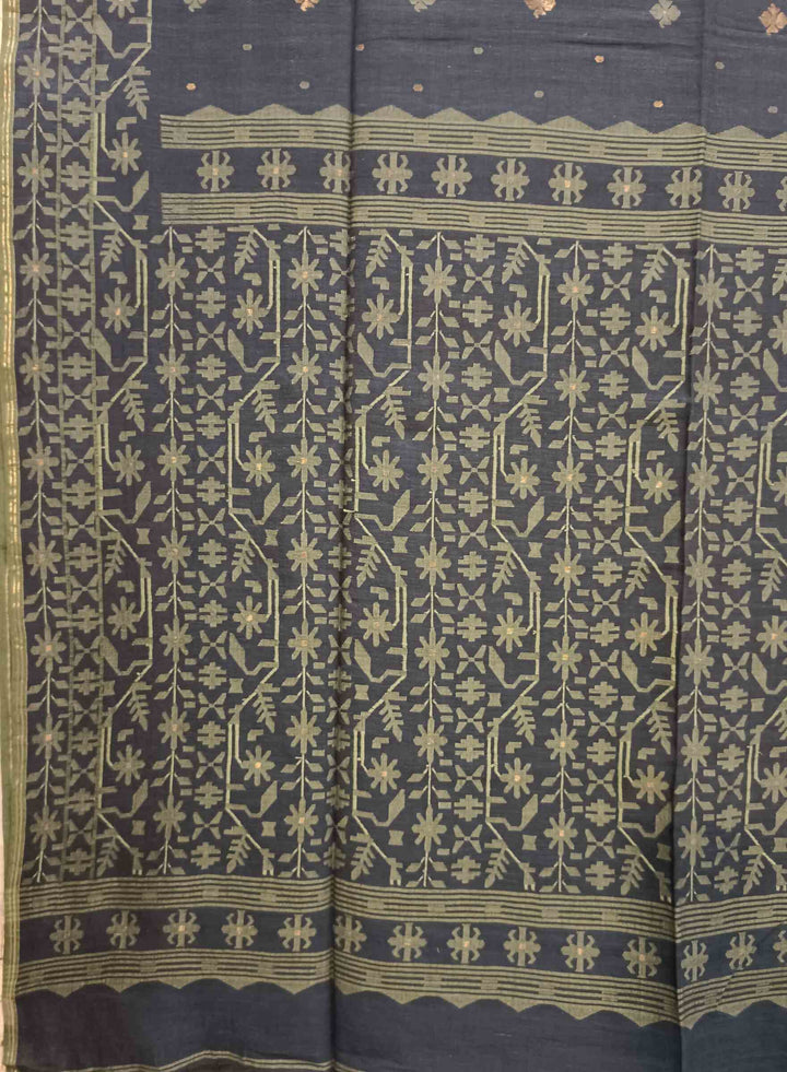 Exclusive Blue & Green Handspun Handwoven Soft Cotton Jamdani Saree Balaram Saha