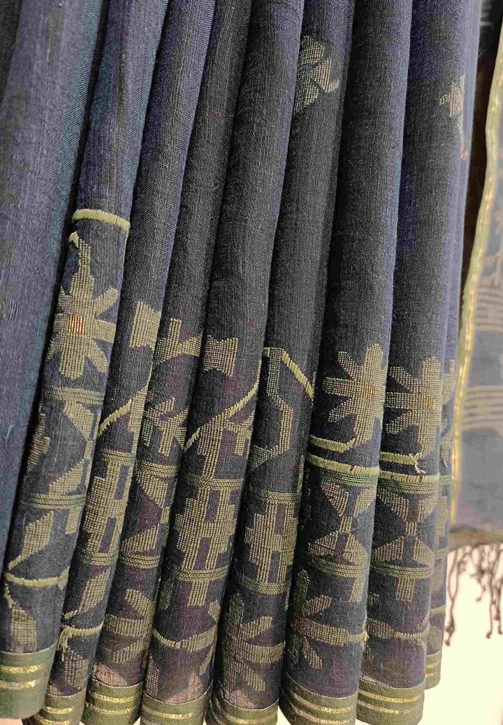 Exclusive Blue & Green Handspun Handwoven Soft Cotton Jamdani Saree Balaram Saha
