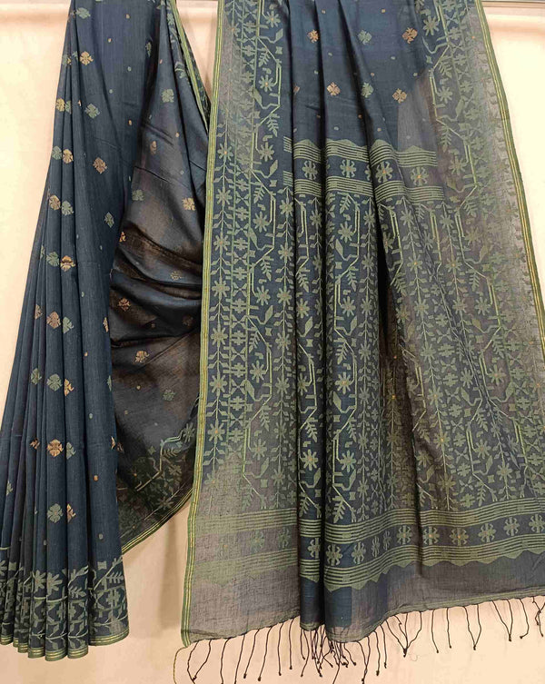 Exclusive Blue & Green Handspun Handwoven Soft Cotton Jamdani Saree Balaram Saha