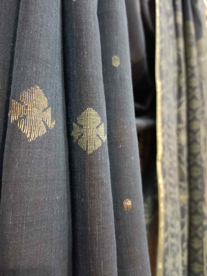 Exclusive Blue & Green Handspun Handwoven Soft Cotton Jamdani Saree Balaram Saha