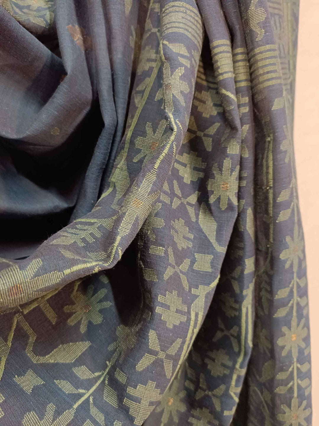 Exclusive Blue & Green Handspun Handwoven Soft Cotton Jamdani Saree Balaram Saha