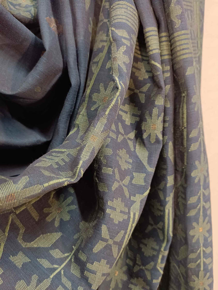 Exclusive Blue & Green Handspun Handwoven Soft Cotton Jamdani Saree Balaram Saha