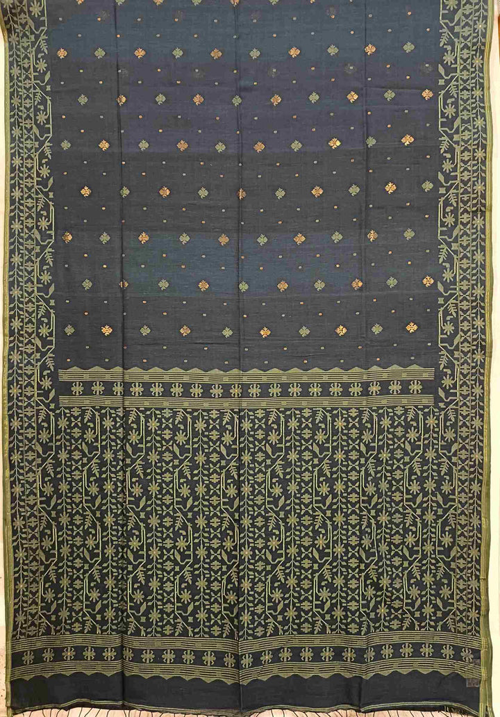 Exclusive Blue & Green Handspun Handwoven Soft Cotton Jamdani Saree Balaram Saha