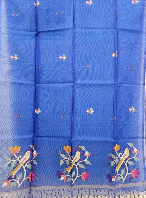 Exclusive Peacock Blue Muslin Silk Dupatta by Balaram Saha - (balaram saha online, Handloom Dupatta, Handwoven Jamdani, Handspun Cotton, jamdani dupatta, balaram saha dupatta, cotton jamdani dupatta, jamdani dupatta online, dhakai jamdani dupatta, dupatta collection, dupatta)