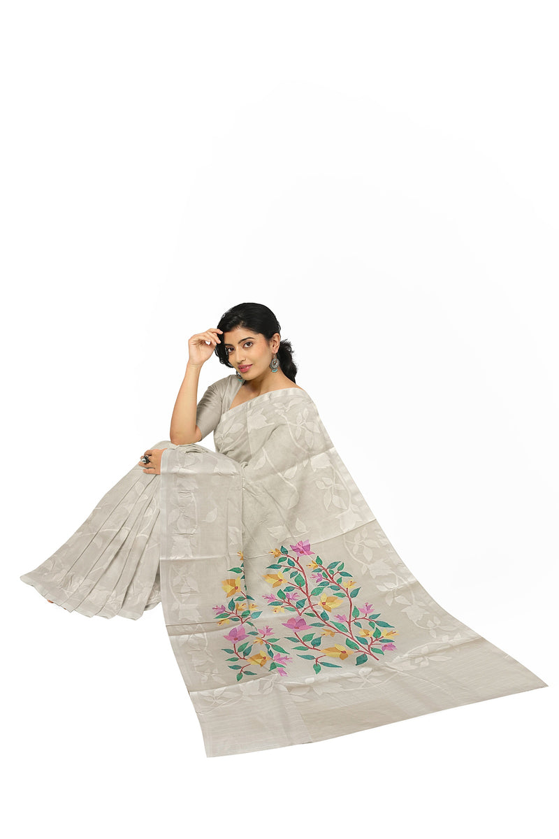 Off-White Fine Cotton Handloom Handwoven Dhakai Jamdani Saree Balaram Saha