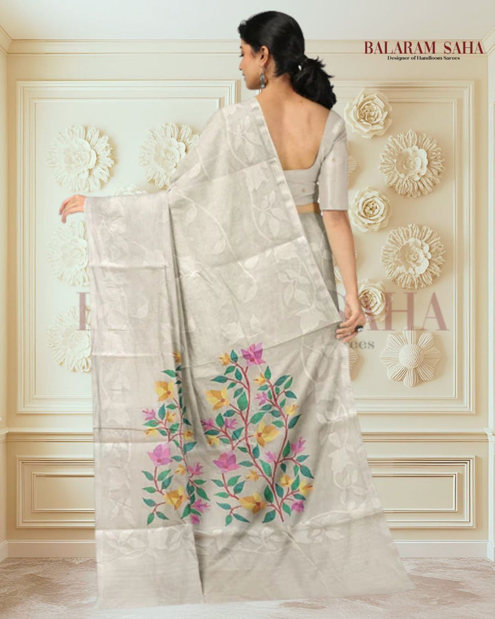 Off-White Fine Cotton Handloom Handwoven Dhakai Jamdani Saree Balaram Saha