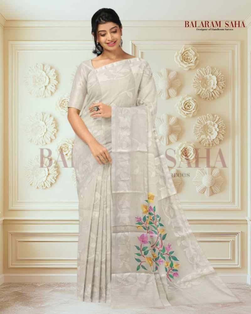 Off-White Fine Cotton Handloom Handwoven Dhakai Jamdani Saree Balaram Saha