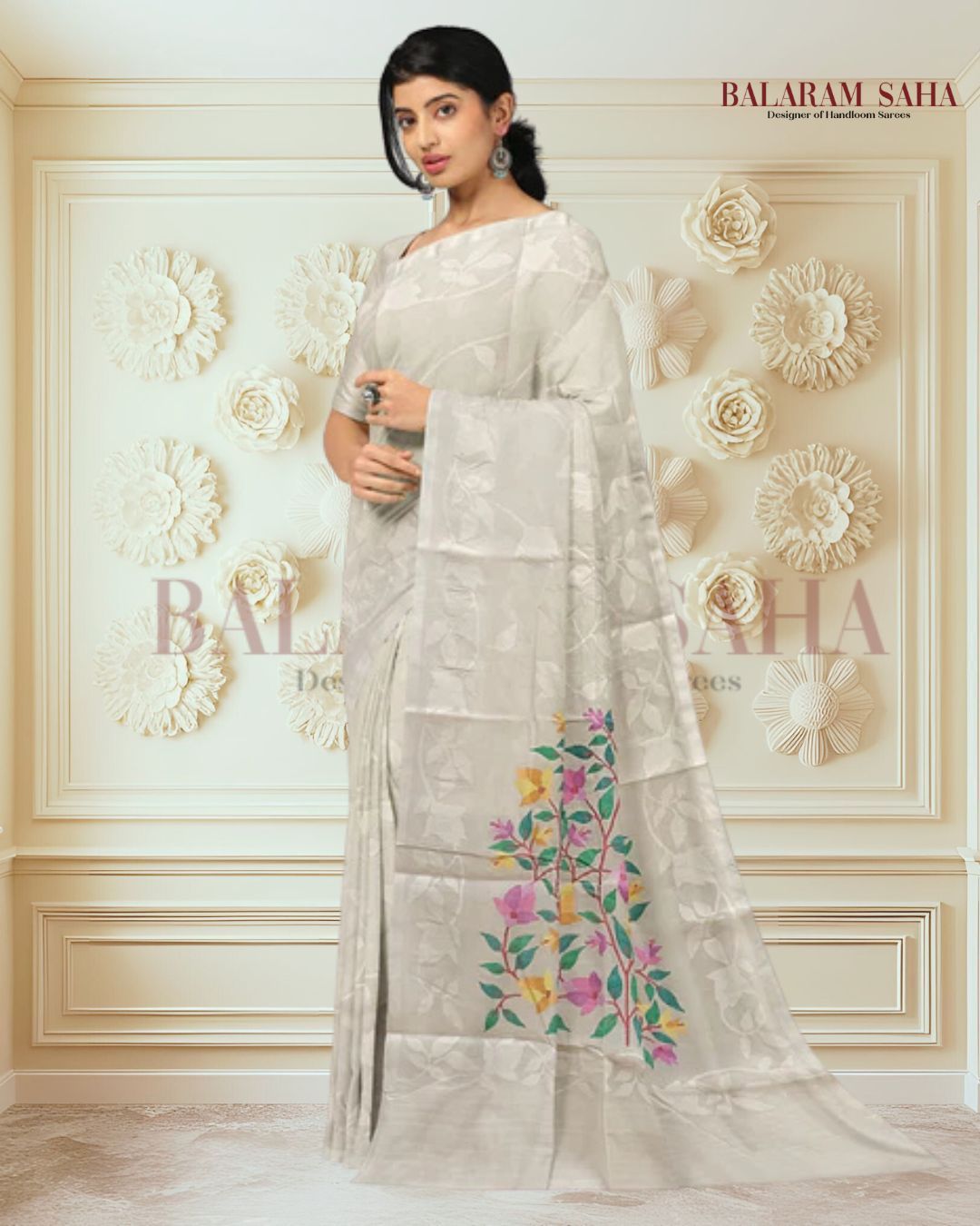 Off-White Fine Cotton Handloom Handwoven Dhakai Jamdani Saree Balaram Saha