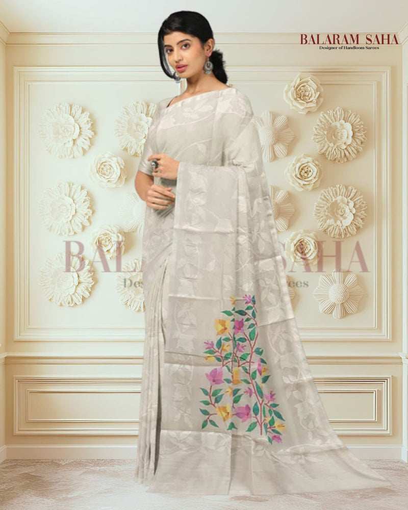 Off-White Fine Cotton Handloom Handwoven Dhakai Jamdani Saree Balaram Saha