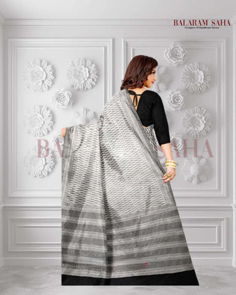 Graceful White & Black Katan Silk Saree with Artisanal Hand Block Designs by Balaram Saha - (handloom saree, silk saree, handloom silk saree, balaram saha online, silk sarees, balaram saha handloom saree store, silk handloom saree, bengal handloom sarees, pure silk, Katan silk saree, silk saree online, Katan silk)   https://www.stanford.edu/