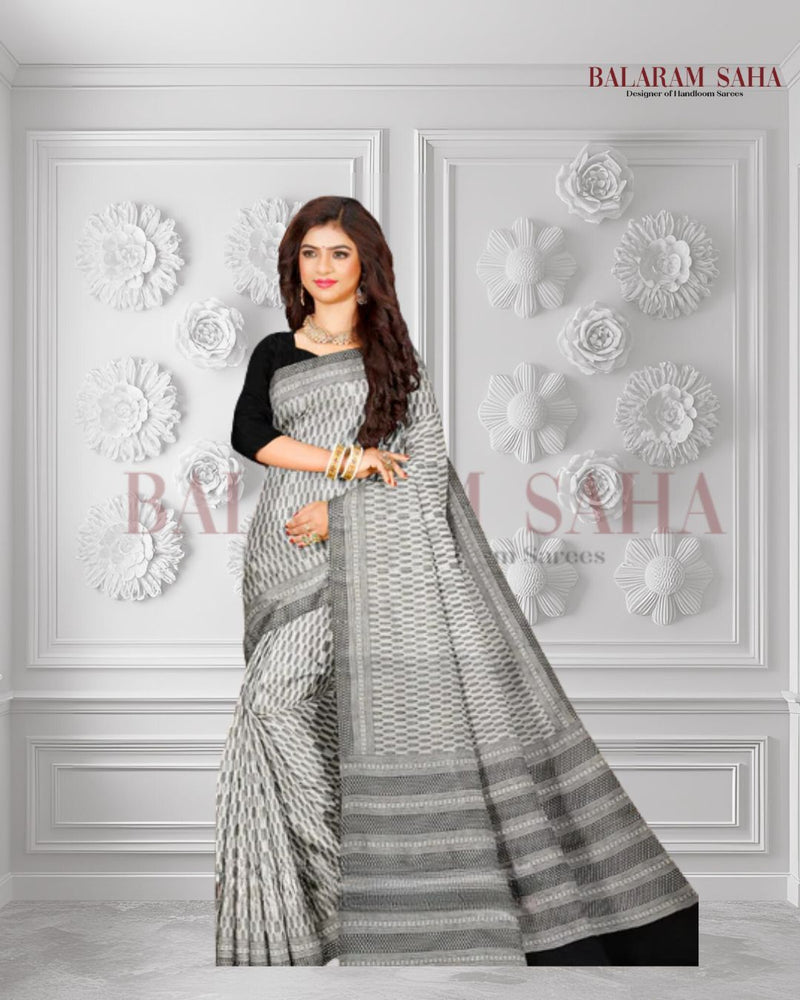 Balaram Saha: Timeless Elegance in a White & Black Katan Silk Saree with Hand Block Designs Balaram Saha