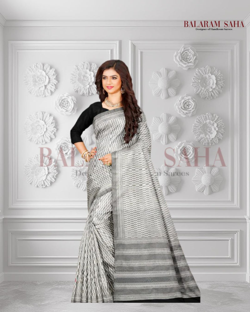 Balaram Saha: Timeless Elegance in a White & Black Katan Silk Saree with Hand Block Designs Balaram Saha