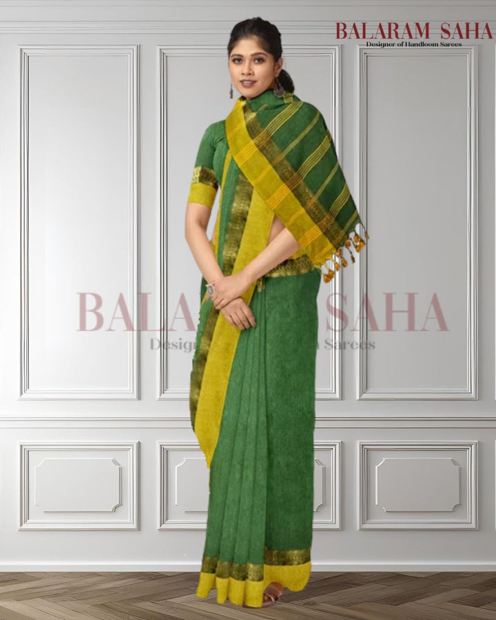 Green & Yellow Soft Handloom Cotton Saree By Balaram Saha - (handloom saree, cotton saree, handloom cotton saree, balaram saha online, handloom sarees, cotton handloom saree, bengal handloom sarees, pure cotton, cotton saree for women, cotton saree online)
