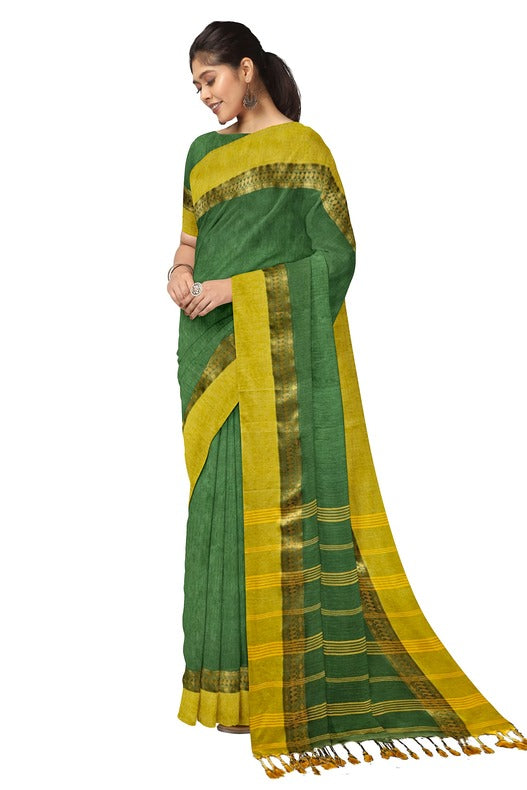 Green & Yellow Soft Handloom Cotton Saree By Balaram Saha - (handloom saree, cotton saree, handloom cotton saree, balaram saha online, handloom sarees, cotton handloom saree, bengal handloom sarees, pure cotton, cotton saree for women, cotton saree online)
