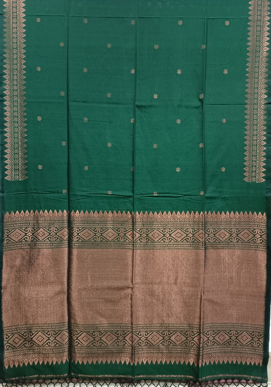 Green and Copper Soft Handloom Cotton Banarasi Saree - By Balaram Saha - (handloom saree, cotton saree, handloom cotton saree, balaram saha online, handloom sarees, balaram saha handloom saree store photos, balaram saha handloom saree store, cotton handloom saree, bengal handloom sarees, pure cotton, Zari border, handloom cotton saree with zari border, soft cotton saree with zari border, cotton saree for women, cotton saree online)
