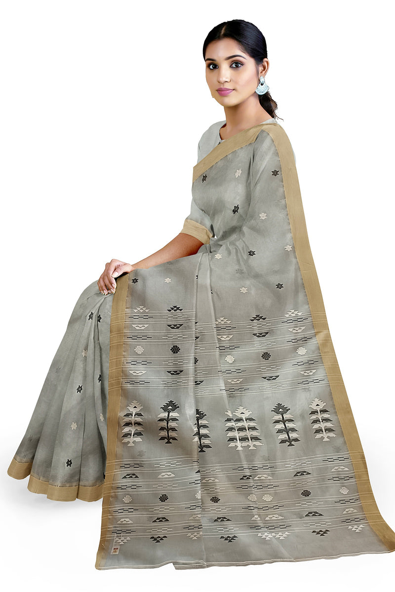 Grey Muslin Jamdani sari with all over woven Balaram Saha