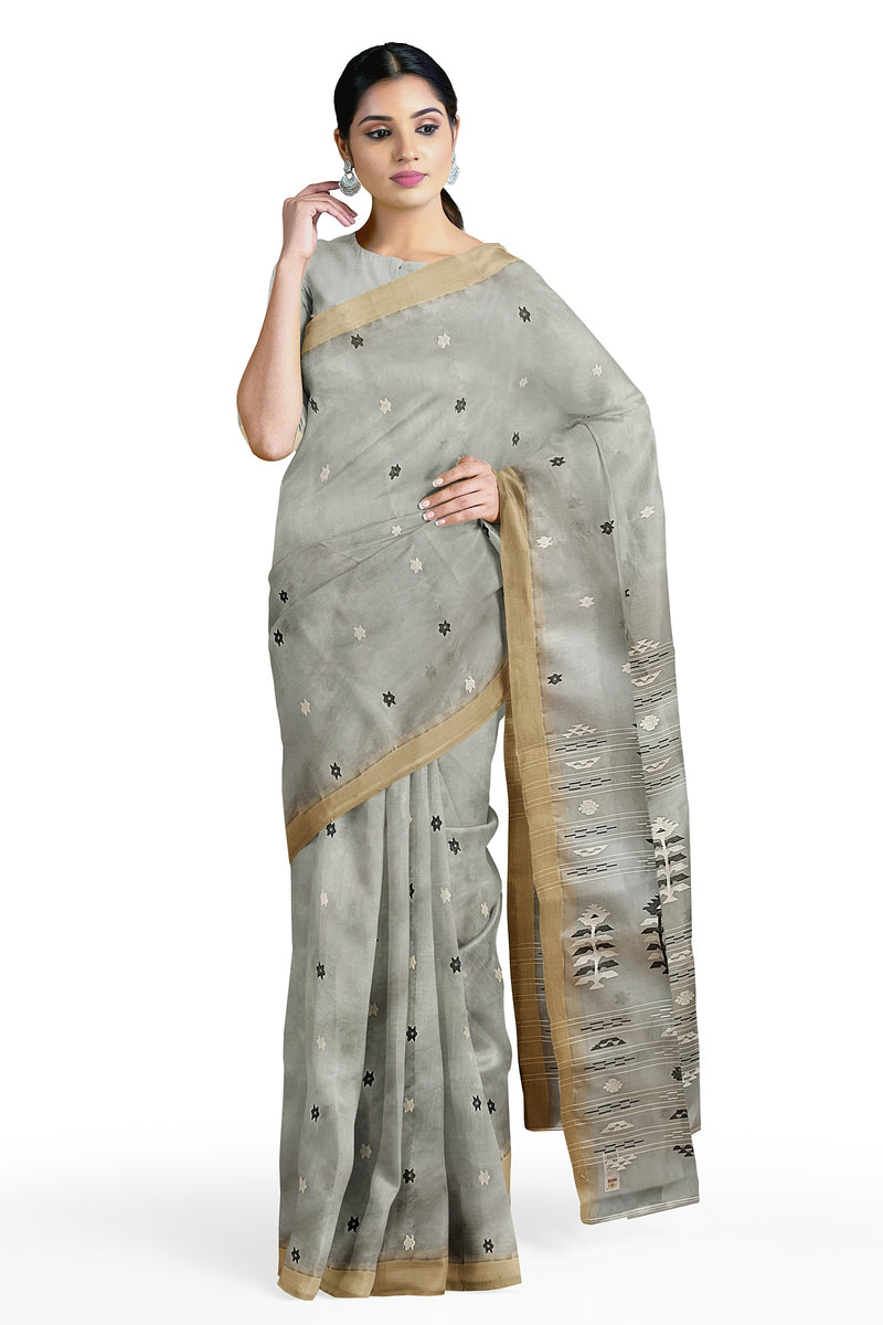 Grey Muslin Jamdani sari with all over woven Balaram Saha