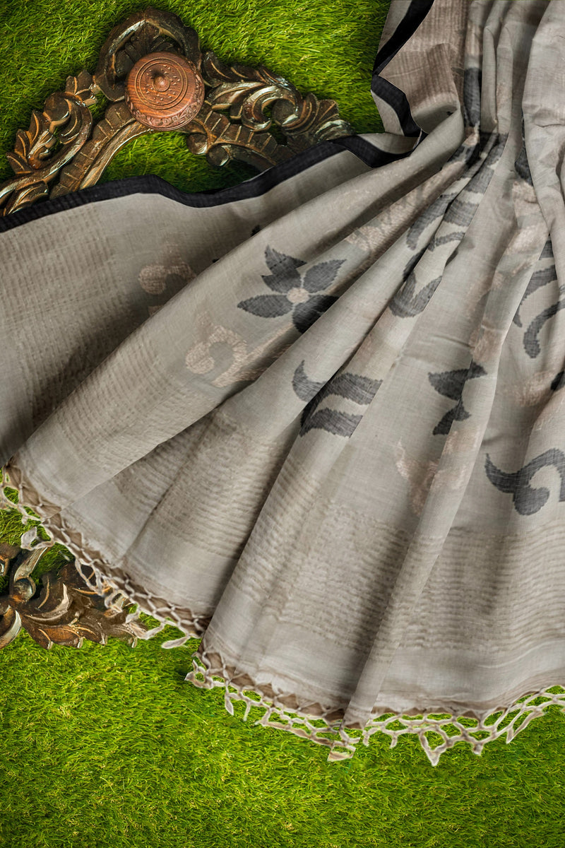 Grey & Black Handloom Premium Cotton Saree With Temple Border Balaram Saha (handloom saree, cotton saree, handloom cotton saree, balaram saha online, handloom sarees, balaram saha handloom saree store photos, balaram saha handloom saree store, cotton handloom saree, bengal handloom sarees, pure cotton, cotton saree for women, cotton saree online)