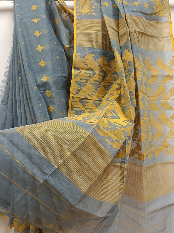 Grey & Yellow Handwoven Cotton Soft Dhakai Jamdani Saree From Balaram Saha (handloom saree, jamdani saree, jamdani sarees, cotton jamdani saree, jamdani cotton saree, handloom cotton saree, balaram saha online, jamdani saree online, soft jamdani saree, dhakai jamdani saree, dhakai jamdani saree, Jamdani Border Saree)    https://en.wikipedia.org/wiki/Main_Page