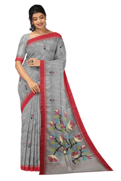 Grey & Red Handwoven Muslin Silk Jamdani Saree Balaram Saha