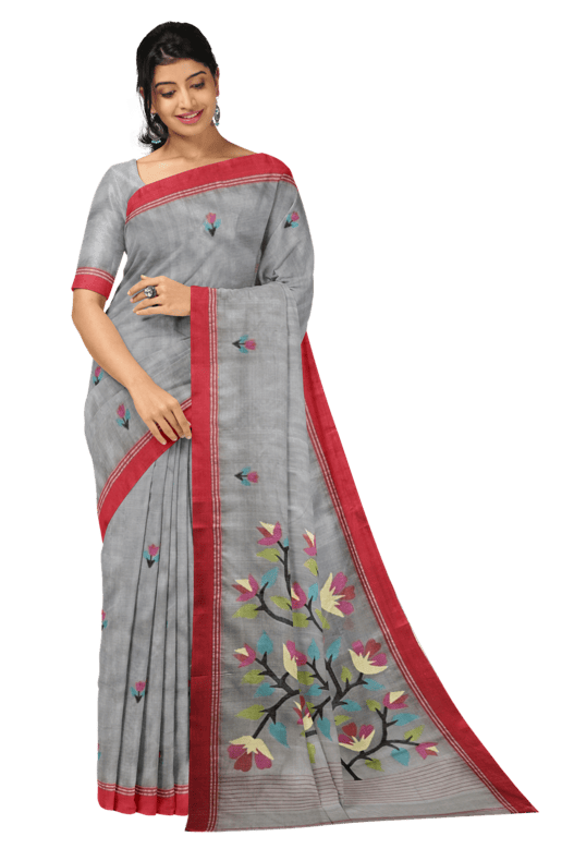 Grey & Red Handwoven Muslin Silk Jamdani Saree Balaram Saha