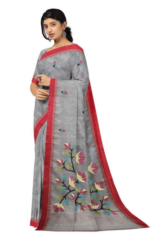 Grey & Red Handwoven Muslin Silk Jamdani Saree Balaram Saha