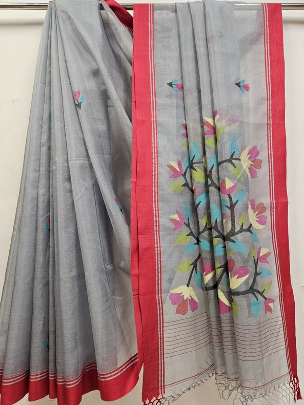 Grey & Red Handwoven Muslin Silk Jamdani Saree Balaram Saha