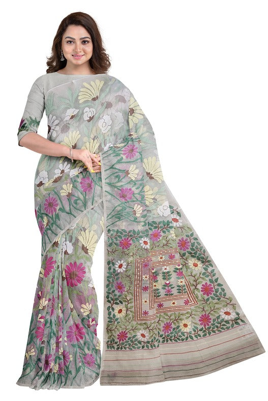 Off-White & Multicolor Sunflowar Handwoven Muslin Silk Jamdani Saree Balaram Saha