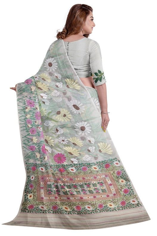 Off-White & Multicolor Sunflowar Handwoven Muslin Silk Jamdani Saree Balaram Saha