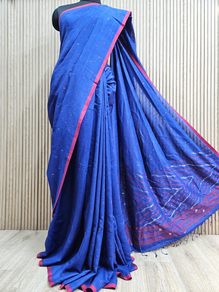 Blue & Red Soft Handloom Handwoven Tussar Silk Jamdani Saree Balaram Saha
