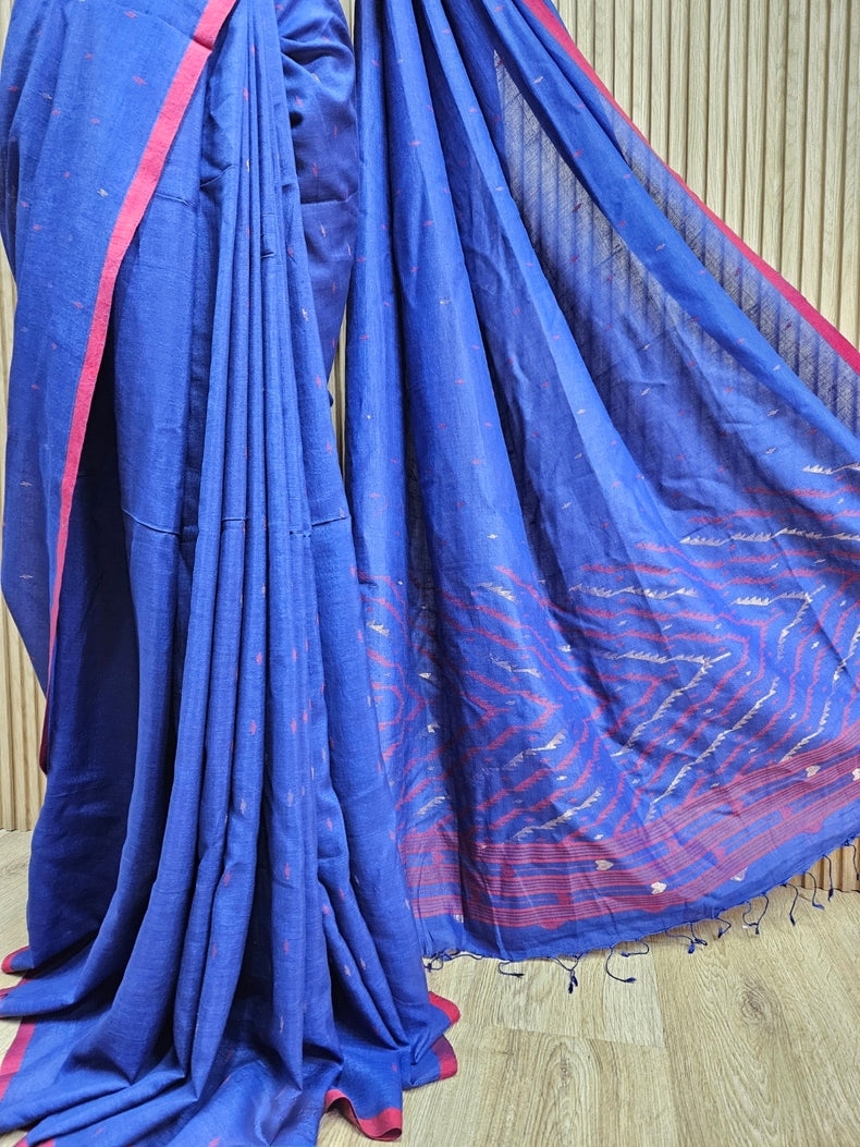 Blue & Red Soft Handloom Handwoven Tussar Silk Jamdani Saree Balaram Saha