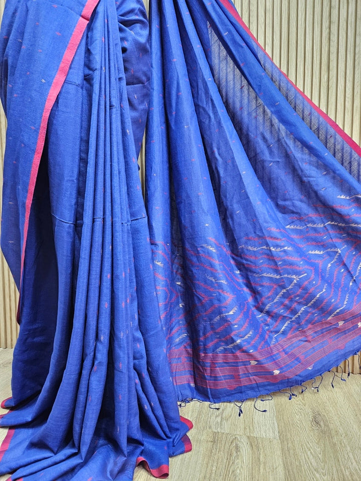 Blue & Red Soft Handloom Handwoven Tussar Silk Jamdani Saree Balaram Saha